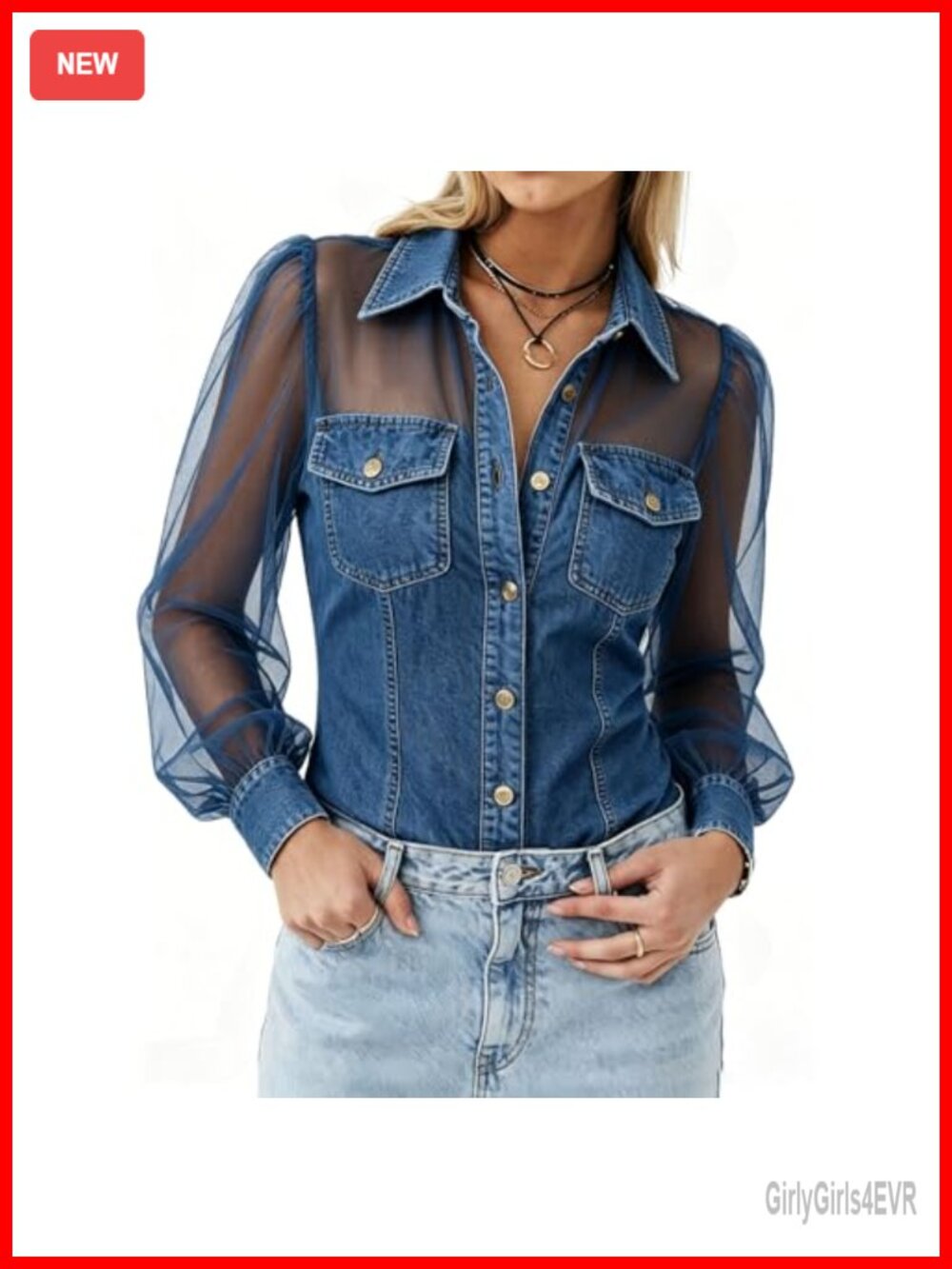 Women's Button Down Denim Blouse Sheer Puff Sleeve V Neck Jean Top